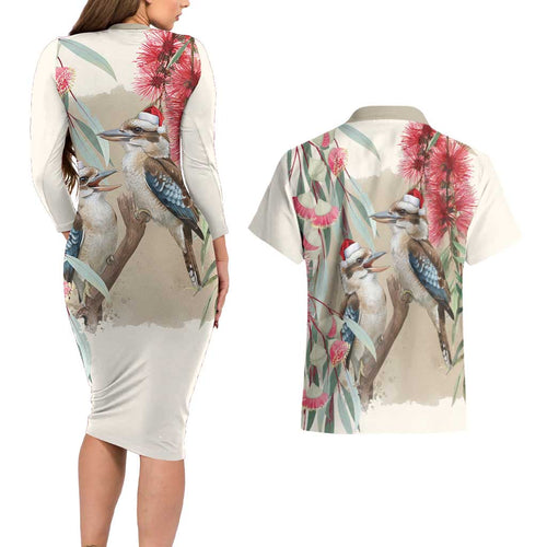 Australia Kookaburra Christmas Couples Matching Long Sleeve Bodycon Dress and Hawaiian Shirt Bottlebrush Eucalyptus Blossoms Watercolor - Aussie Hoodie