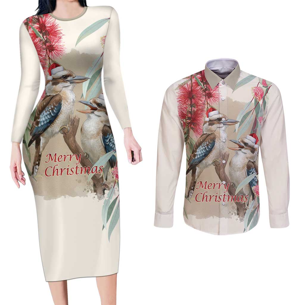 Australia Kookaburra Christmas Couples Matching Long Sleeve Bodycon Dress and Long Sleeve Button Shirt Bottlebrush Eucalyptus Blossoms Watercolor - Aussie Hoodie