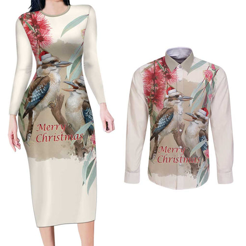 Australia Kookaburra Christmas Couples Matching Long Sleeve Bodycon Dress and Long Sleeve Button Shirt Bottlebrush Eucalyptus Blossoms Watercolor - Aussie Hoodie