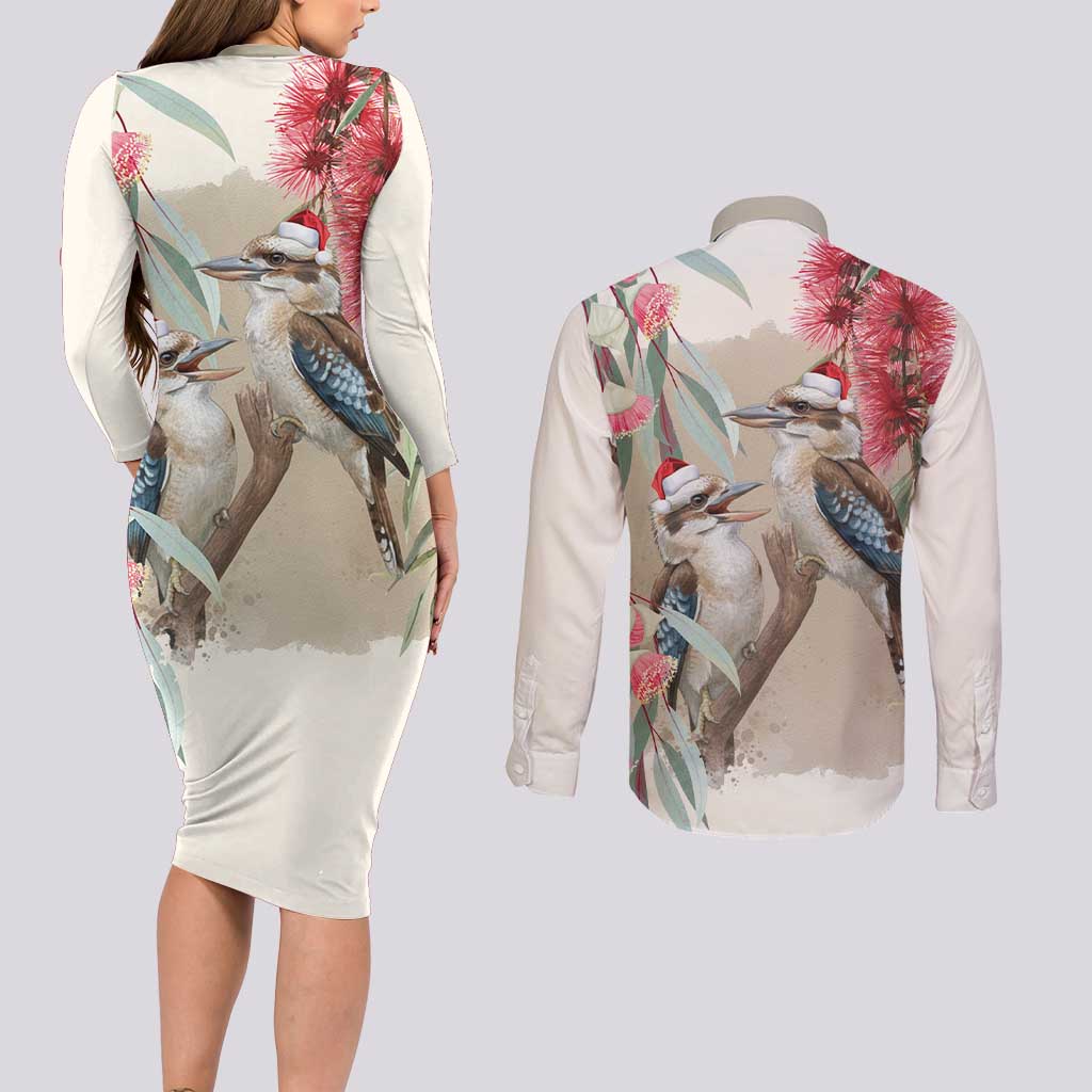 Australia Kookaburra Christmas Couples Matching Long Sleeve Bodycon Dress and Long Sleeve Button Shirt Bottlebrush Eucalyptus Blossoms Watercolor - Aussie Hoodie