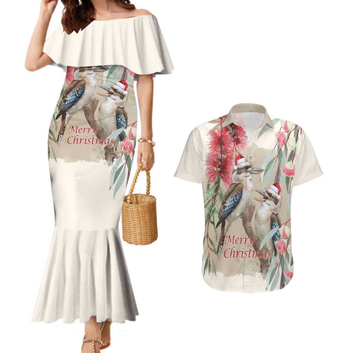 Australia Kookaburra Christmas Couples Matching Mermaid Dress and Hawaiian Shirt Bottlebrush Eucalyptus Blossoms Watercolor - Aussie Hoodie