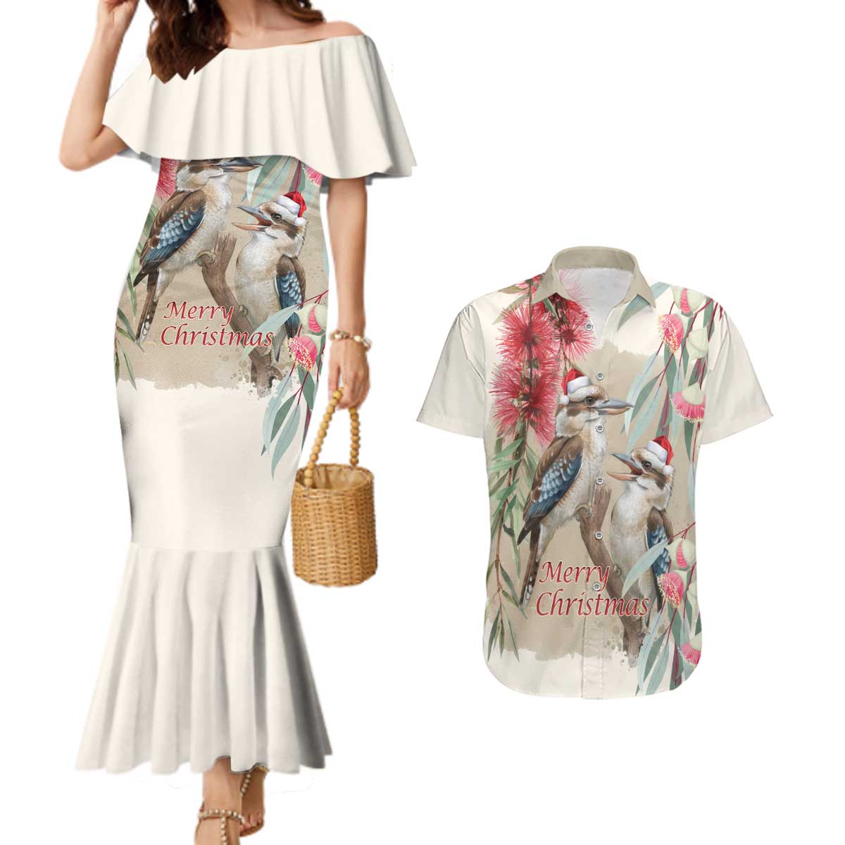 Australia Kookaburra Christmas Couples Matching Mermaid Dress and Hawaiian Shirt Bottlebrush Eucalyptus Blossoms Watercolor - Aussie Hoodie