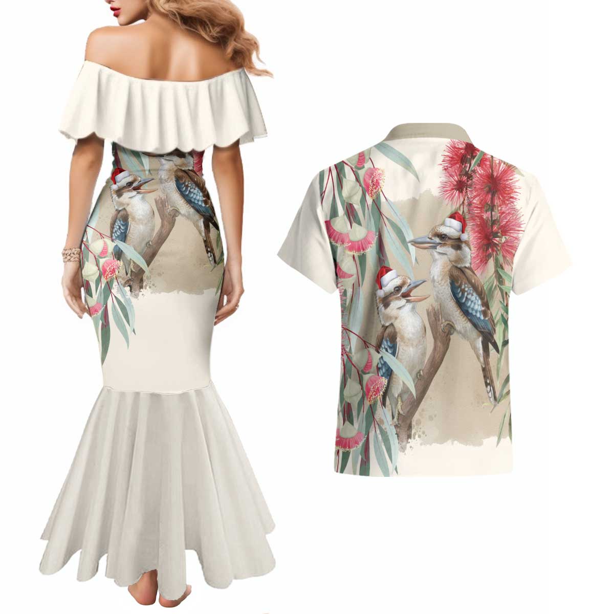 Australia Kookaburra Christmas Couples Matching Mermaid Dress and Hawaiian Shirt Bottlebrush Eucalyptus Blossoms Watercolor - Aussie Hoodie