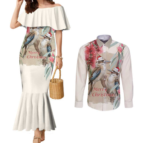 Australia Kookaburra Christmas Couples Matching Mermaid Dress and Long Sleeve Button Shirt Bottlebrush Eucalyptus Blossoms Watercolor - Aussie Hoodie