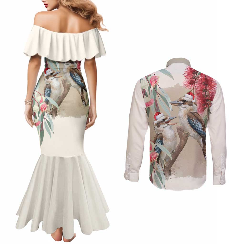 Australia Kookaburra Christmas Couples Matching Mermaid Dress and Long Sleeve Button Shirt Bottlebrush Eucalyptus Blossoms Watercolor - Aussie Hoodie