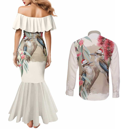 Australia Kookaburra Christmas Couples Matching Mermaid Dress and Long Sleeve Button Shirt Bottlebrush Eucalyptus Blossoms Watercolor - Aussie Hoodie