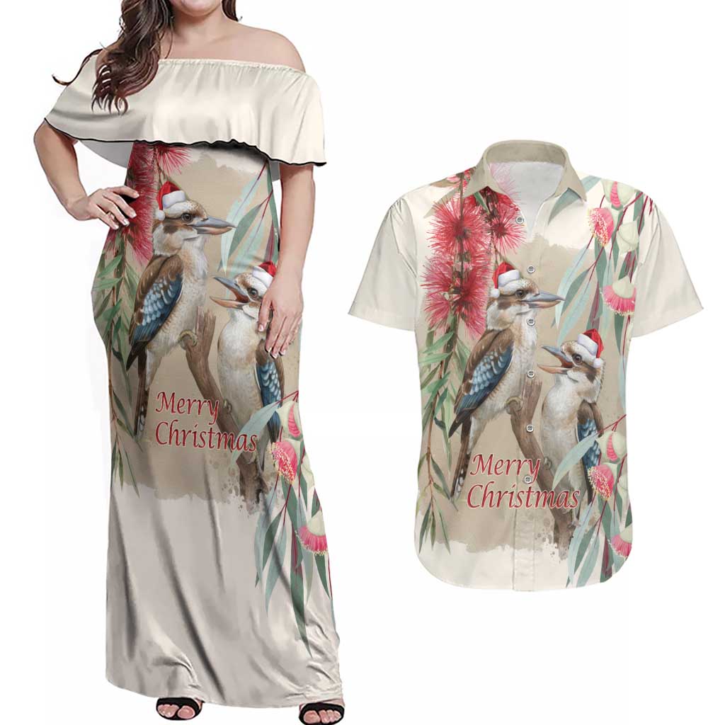 Australia Kookaburra Christmas Couples Matching Off Shoulder Maxi Dress and Hawaiian Shirt Bottlebrush Eucalyptus Blossoms Watercolor - Aussie Hoodie