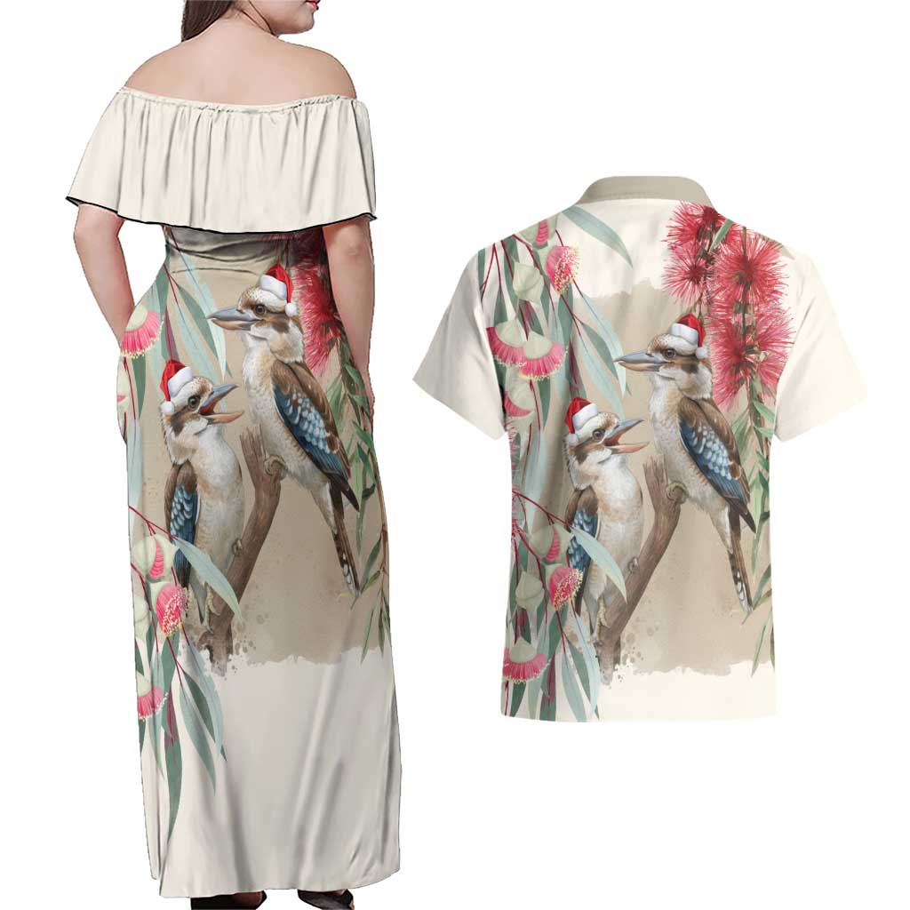 Australia Kookaburra Christmas Couples Matching Off Shoulder Maxi Dress and Hawaiian Shirt Bottlebrush Eucalyptus Blossoms Watercolor - Aussie Hoodie