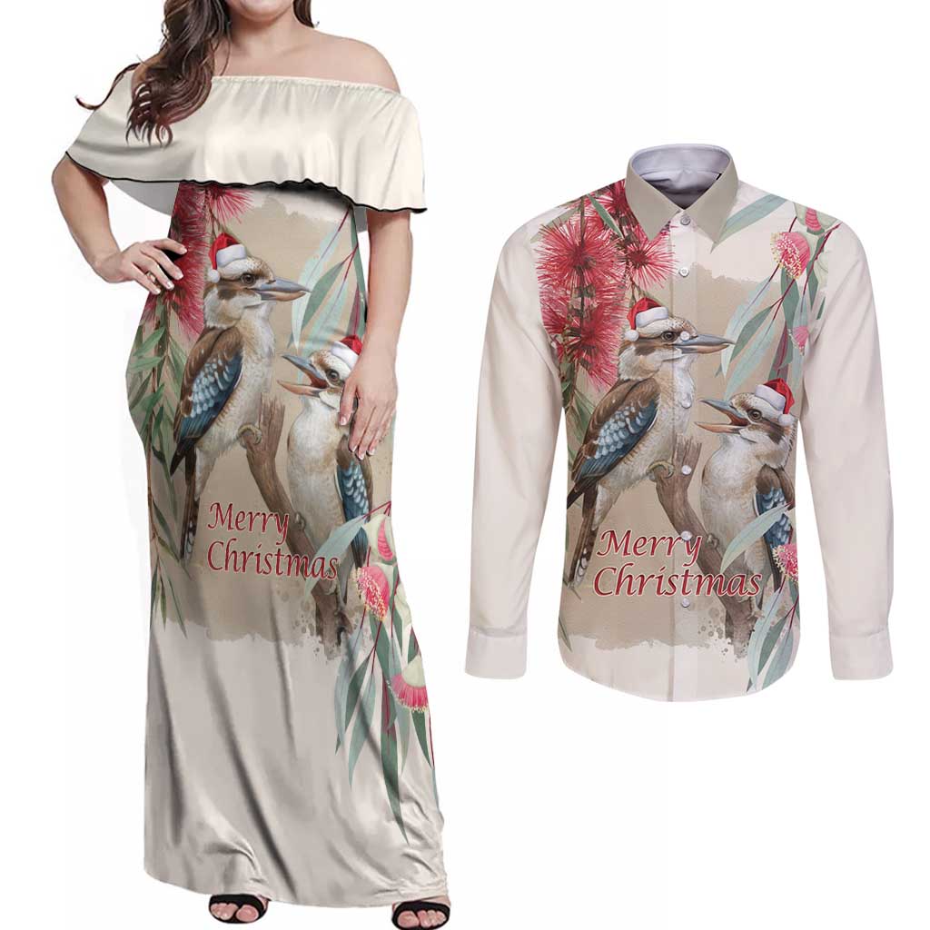 Australia Kookaburra Christmas Couples Matching Off Shoulder Maxi Dress and Long Sleeve Button Shirt Bottlebrush Eucalyptus Blossoms Watercolor - Aussie Hoodie