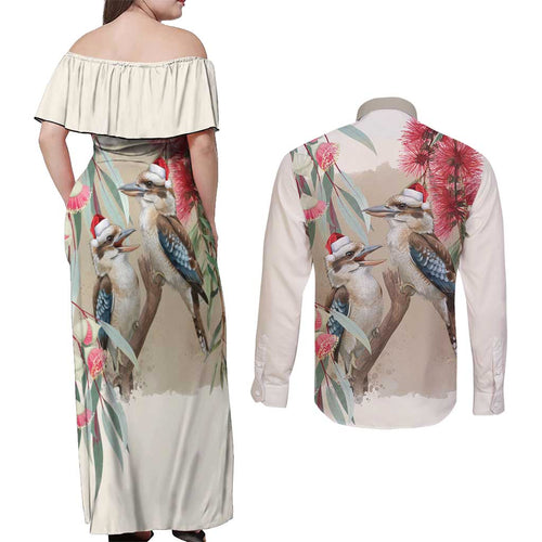 Australia Kookaburra Christmas Couples Matching Off Shoulder Maxi Dress and Long Sleeve Button Shirt Bottlebrush Eucalyptus Blossoms Watercolor - Aussie Hoodie