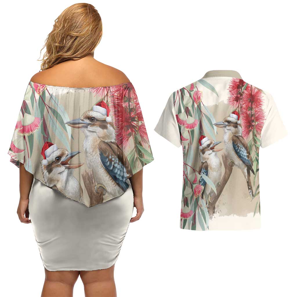 Australia Kookaburra Christmas Couples Matching Off Shoulder Short Dress and Hawaiian Shirt Bottlebrush Eucalyptus Blossoms Watercolor - Aussie Hoodie