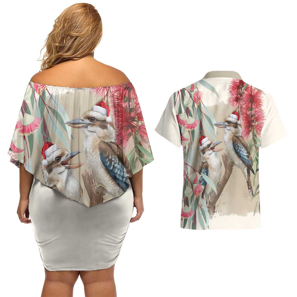 Australia Kookaburra Christmas Couples Matching Off Shoulder Short Dress and Hawaiian Shirt Bottlebrush Eucalyptus Blossoms Watercolor - Aussie Hoodie