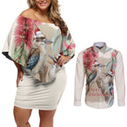 Australia Kookaburra Christmas Couples Matching Off Shoulder Short Dress and Long Sleeve Button Shirt Bottlebrush Eucalyptus Blossoms Watercolor - Aussie Hoodie