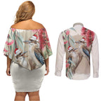 Australia Kookaburra Christmas Couples Matching Off Shoulder Short Dress and Long Sleeve Button Shirt Bottlebrush Eucalyptus Blossoms Watercolor - Aussie Hoodie