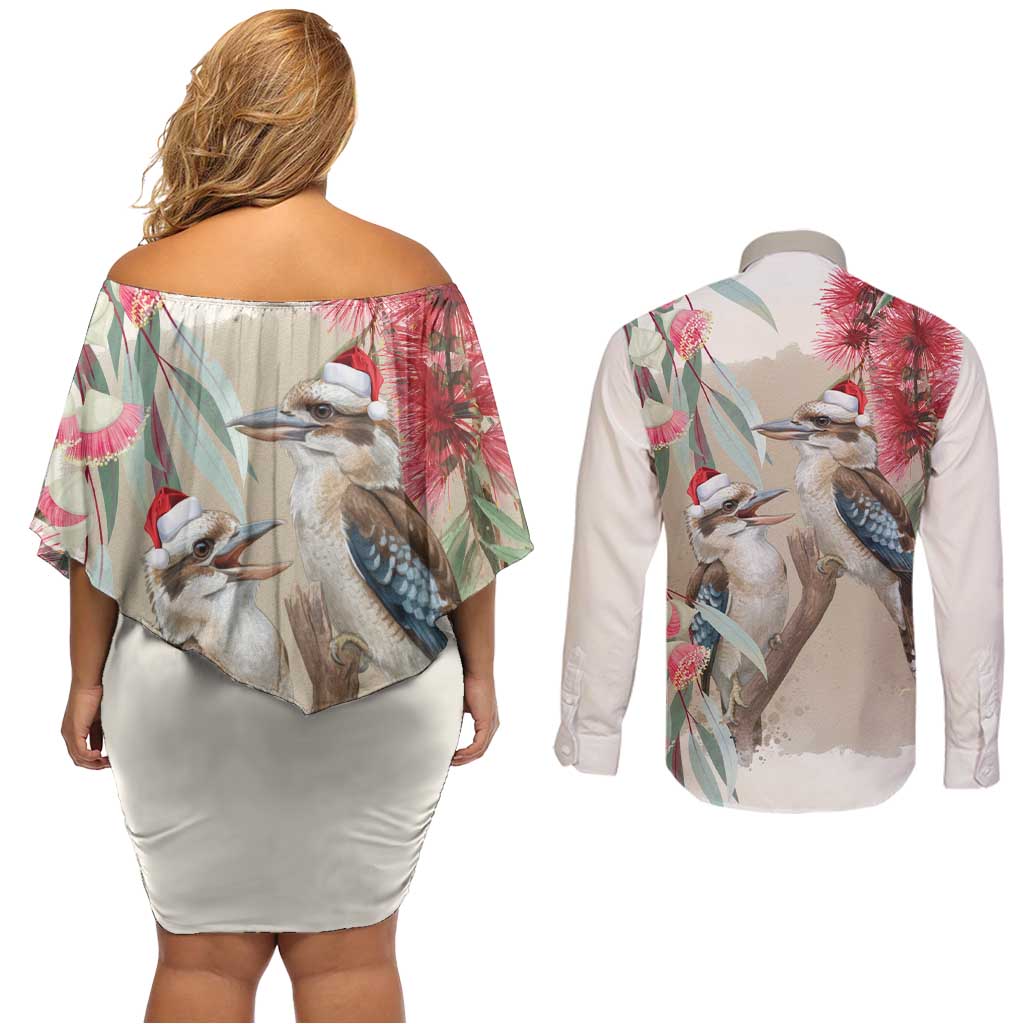 Australia Kookaburra Christmas Couples Matching Off Shoulder Short Dress and Long Sleeve Button Shirt Bottlebrush Eucalyptus Blossoms Watercolor - Aussie Hoodie