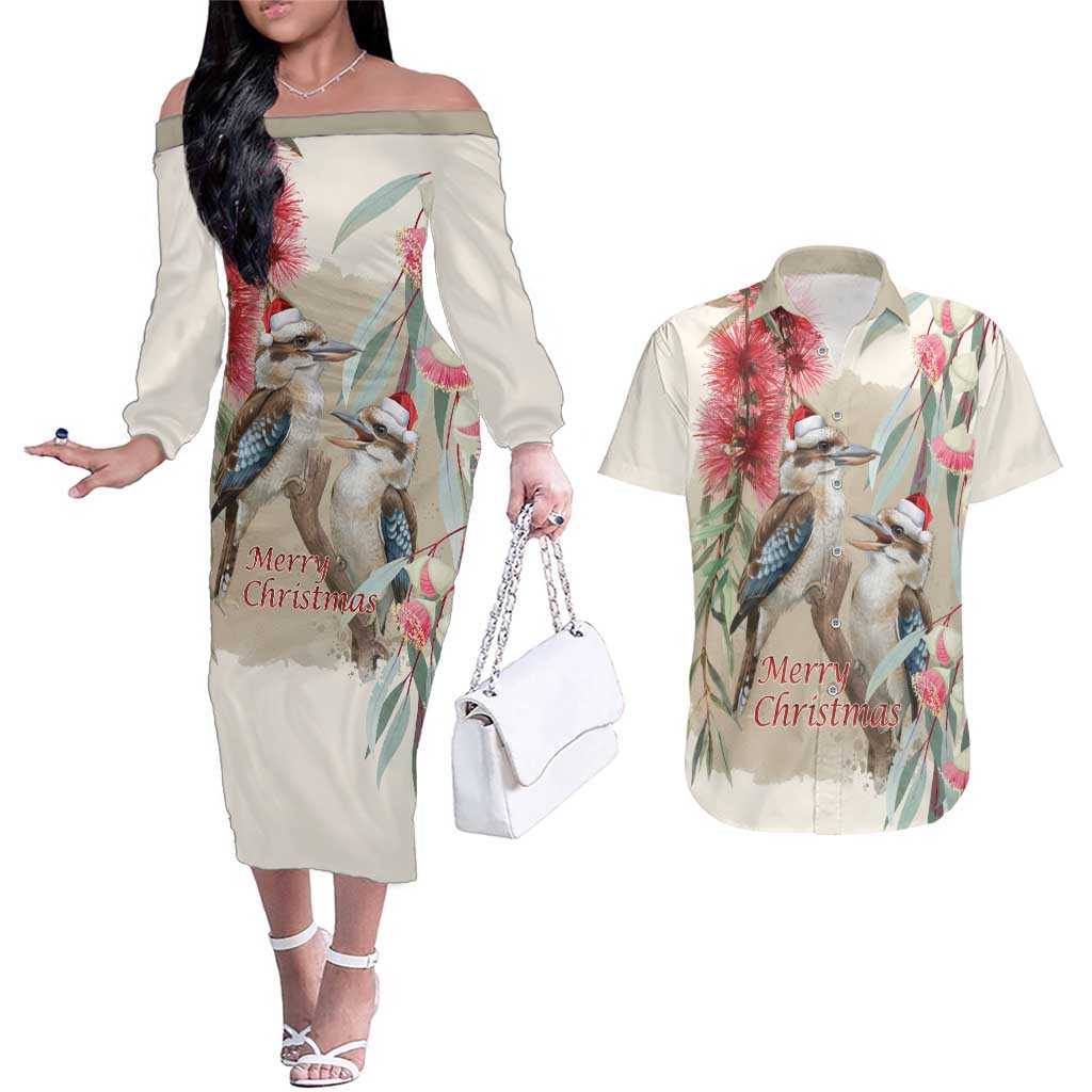 Australia Kookaburra Christmas Couples Matching Off The Shoulder Long Sleeve Dress and Hawaiian Shirt Bottlebrush Eucalyptus Blossoms Watercolor - Aussie Hoodie