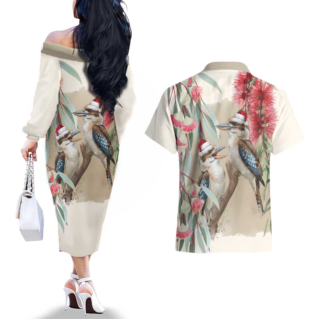 Australia Kookaburra Christmas Couples Matching Off The Shoulder Long Sleeve Dress and Hawaiian Shirt Bottlebrush Eucalyptus Blossoms Watercolor - Aussie Hoodie