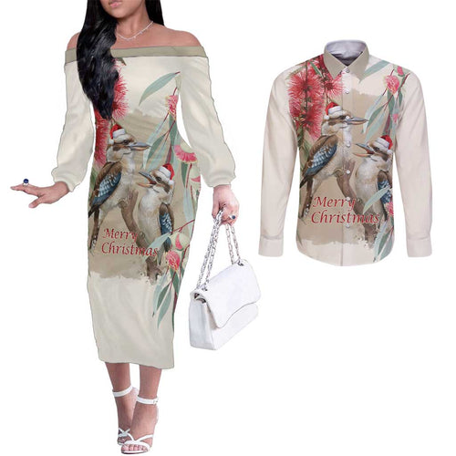 Australia Kookaburra Christmas Couples Matching Off The Shoulder Long Sleeve Dress and Long Sleeve Button Shirt Bottlebrush Eucalyptus Blossoms Watercolor - Aussie Hoodie