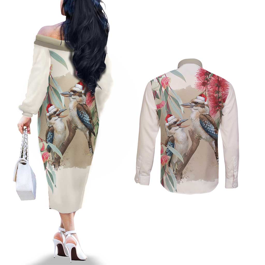 Australia Kookaburra Christmas Couples Matching Off The Shoulder Long Sleeve Dress and Long Sleeve Button Shirt Bottlebrush Eucalyptus Blossoms Watercolor - Aussie Hoodie