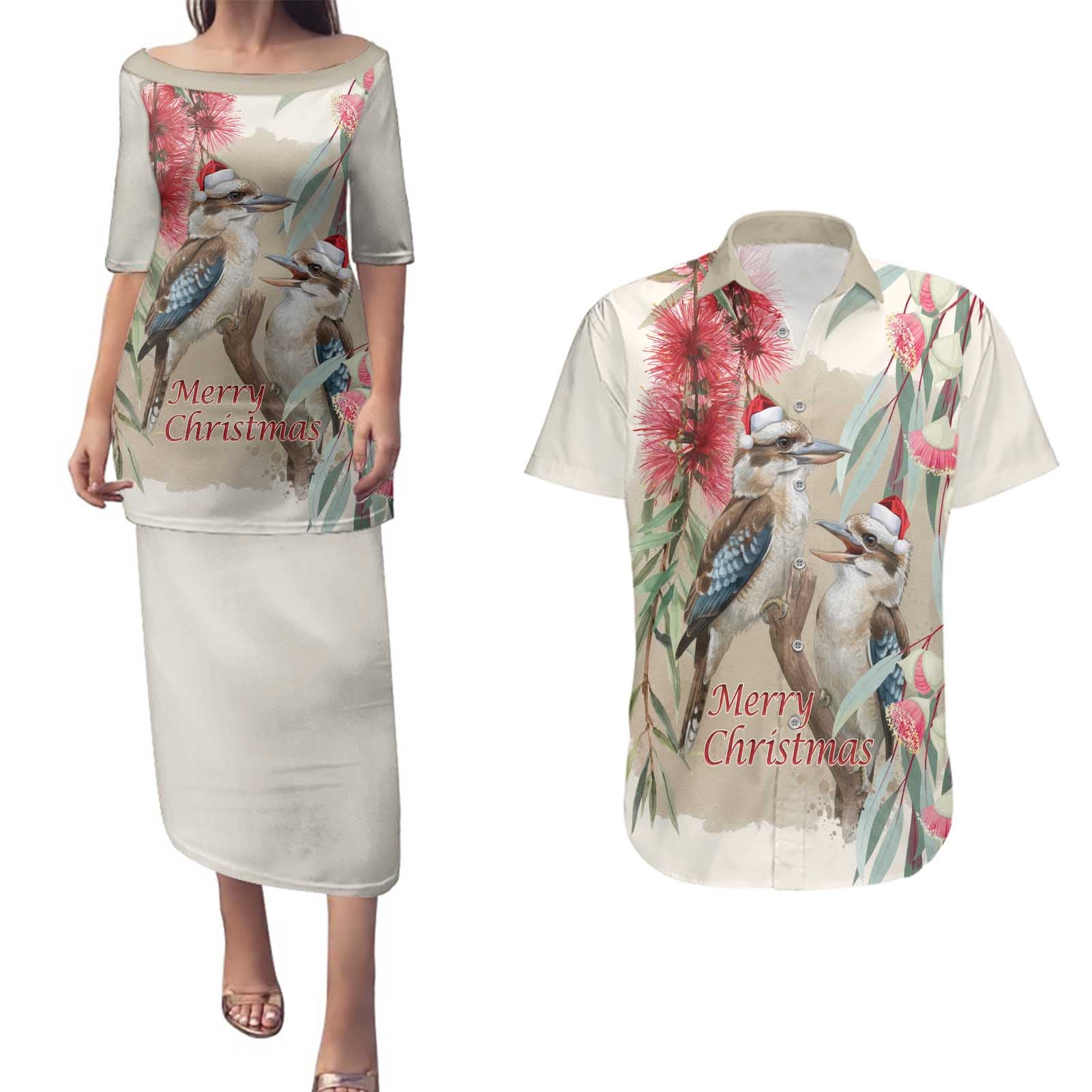 Australia Kookaburra Christmas Couples Matching Puletasi and Hawaiian Shirt Bottlebrush Eucalyptus Blossoms Watercolor - Aussie Hoodie
