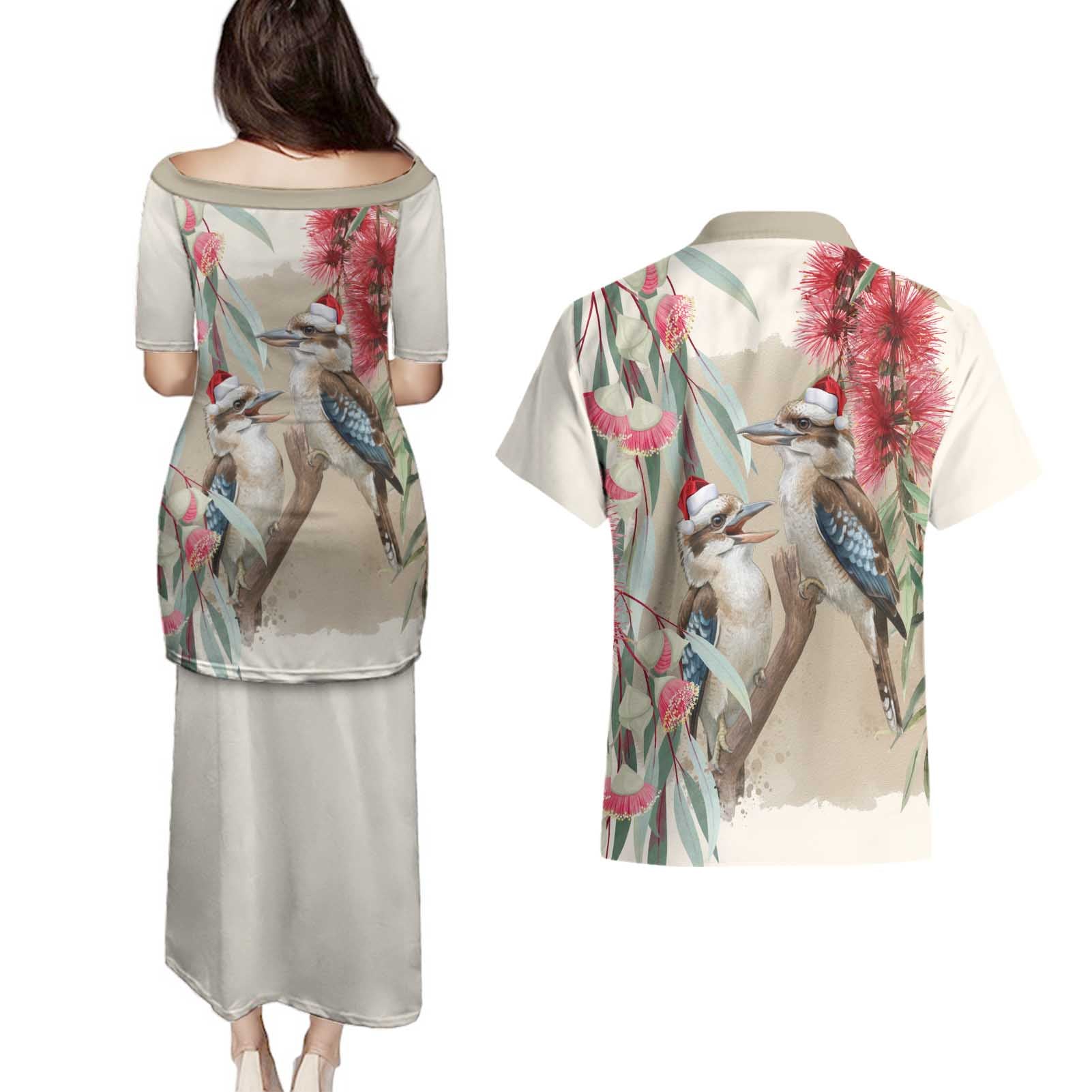 Australia Kookaburra Christmas Couples Matching Puletasi and Hawaiian Shirt Bottlebrush Eucalyptus Blossoms Watercolor - Aussie Hoodie