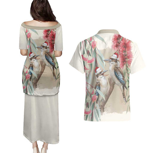 Australia Kookaburra Christmas Couples Matching Puletasi and Hawaiian Shirt Bottlebrush Eucalyptus Blossoms Watercolor - Aussie Hoodie