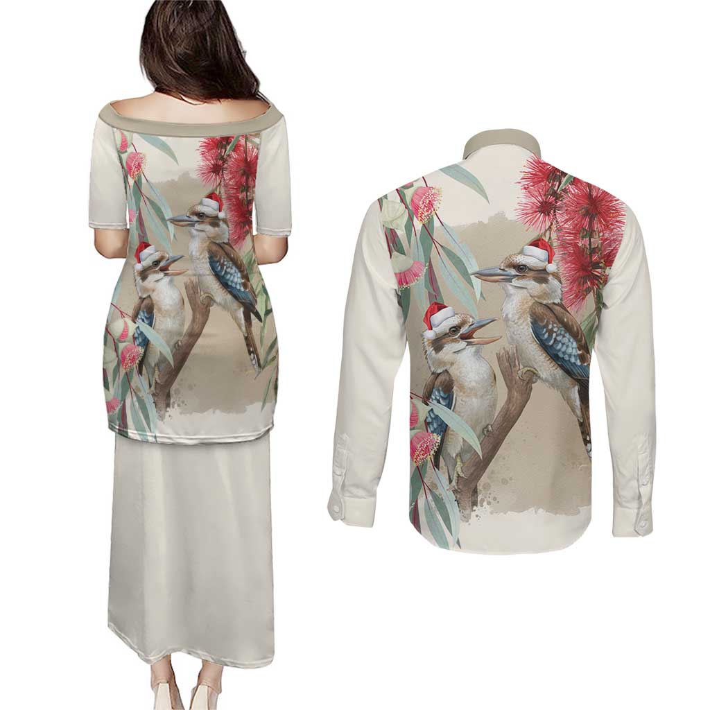 Australia Kookaburra Christmas Couples Matching Puletasi and Long Sleeve Button Shirt Bottlebrush Eucalyptus Blossoms Watercolor - Aussie Hoodie