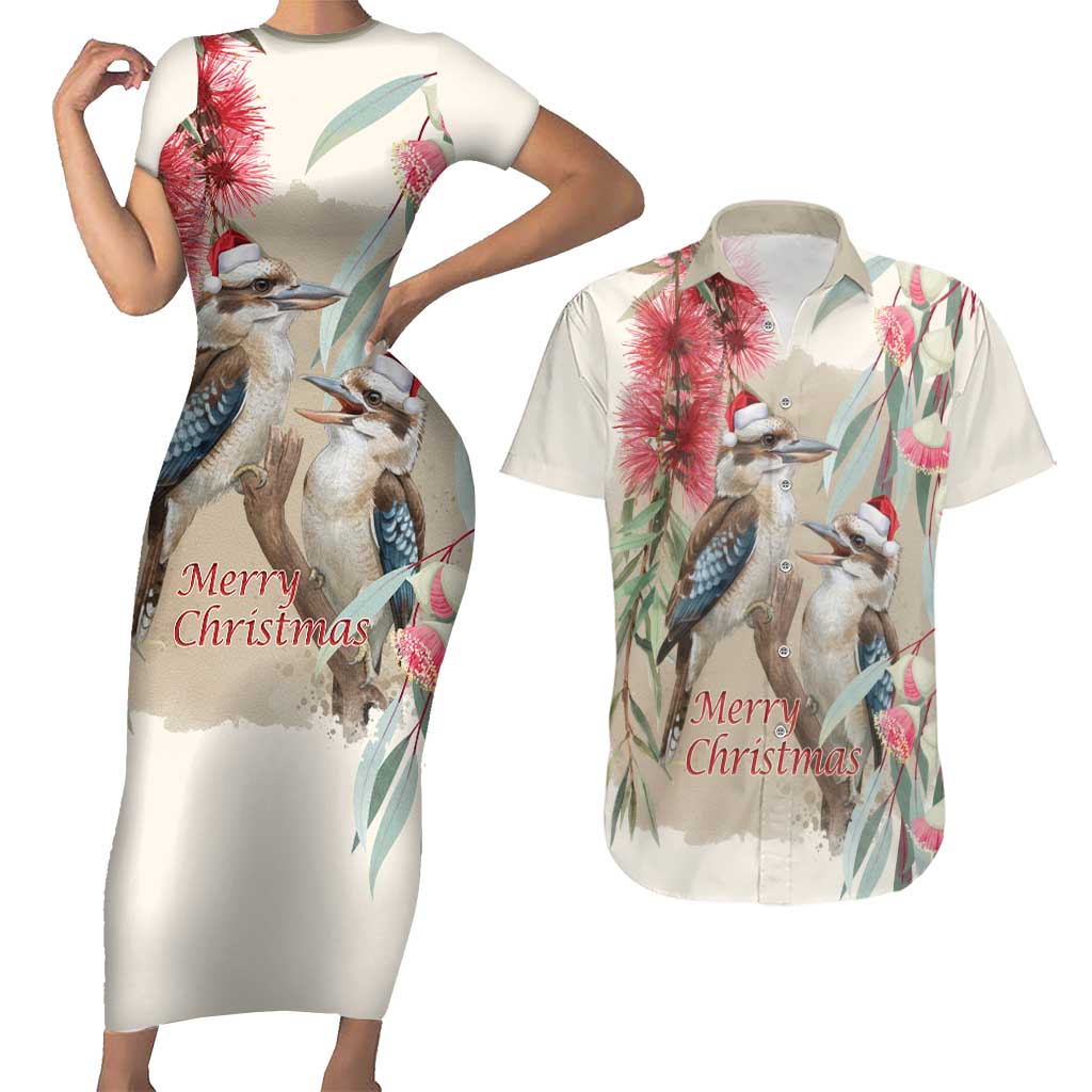 Australia Kookaburra Christmas Couples Matching Short Sleeve Bodycon Dress and Hawaiian Shirt Bottlebrush Eucalyptus Blossoms Watercolor - Aussie Hoodie