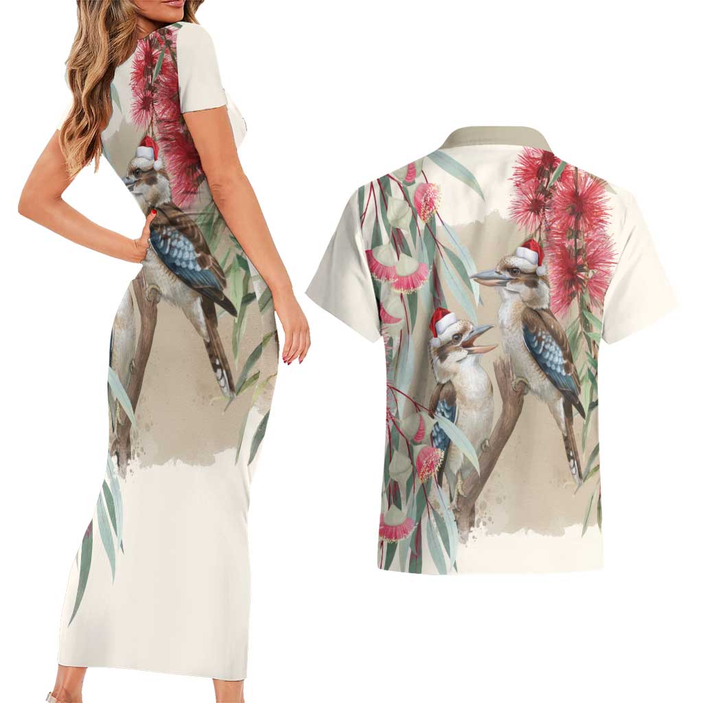 Australia Kookaburra Christmas Couples Matching Short Sleeve Bodycon Dress and Hawaiian Shirt Bottlebrush Eucalyptus Blossoms Watercolor - Aussie Hoodie