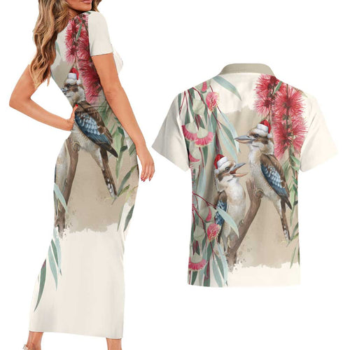 Australia Kookaburra Christmas Couples Matching Short Sleeve Bodycon Dress and Hawaiian Shirt Bottlebrush Eucalyptus Blossoms Watercolor - Aussie Hoodie