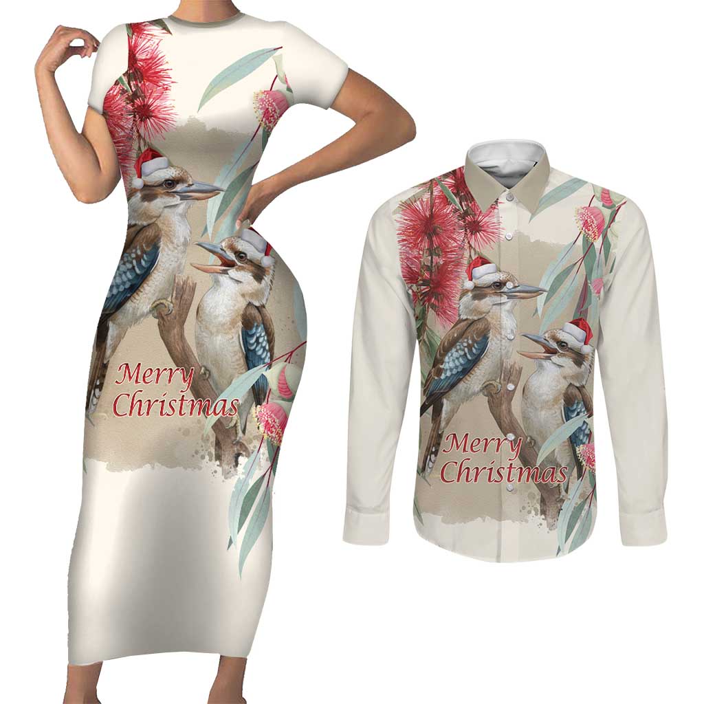 Australia Kookaburra Christmas Couples Matching Short Sleeve Bodycon Dress and Long Sleeve Button Shirt Bottlebrush Eucalyptus Blossoms Watercolor - Aussie Hoodie