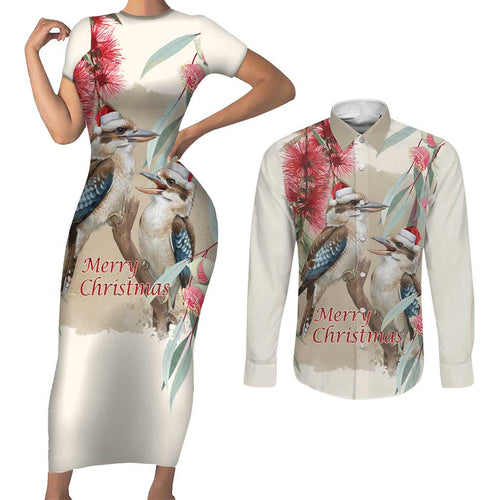 Australia Kookaburra Christmas Couples Matching Short Sleeve Bodycon Dress and Long Sleeve Button Shirt Bottlebrush Eucalyptus Blossoms Watercolor - Aussie Hoodie