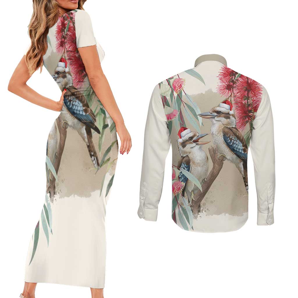 Australia Kookaburra Christmas Couples Matching Short Sleeve Bodycon Dress and Long Sleeve Button Shirt Bottlebrush Eucalyptus Blossoms Watercolor - Aussie Hoodie