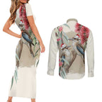 Australia Kookaburra Christmas Couples Matching Short Sleeve Bodycon Dress and Long Sleeve Button Shirt Bottlebrush Eucalyptus Blossoms Watercolor - Aussie Hoodie