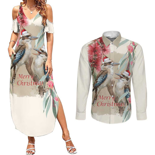 Australia Kookaburra Christmas Couples Matching Summer Maxi Dress and Long Sleeve Button Shirt Bottlebrush Eucalyptus Blossoms Watercolor - Aussie Hoodie