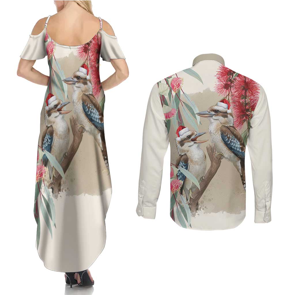Australia Kookaburra Christmas Couples Matching Summer Maxi Dress and Long Sleeve Button Shirt Bottlebrush Eucalyptus Blossoms Watercolor - Aussie Hoodie