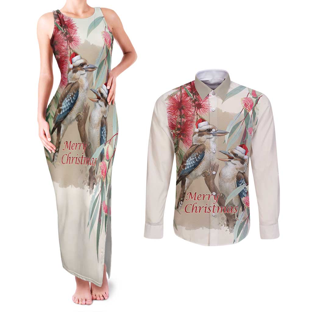 Australia Kookaburra Christmas Couples Matching Tank Maxi Dress and Long Sleeve Button Shirt Bottlebrush Eucalyptus Blossoms Watercolor - Aussie Hoodie
