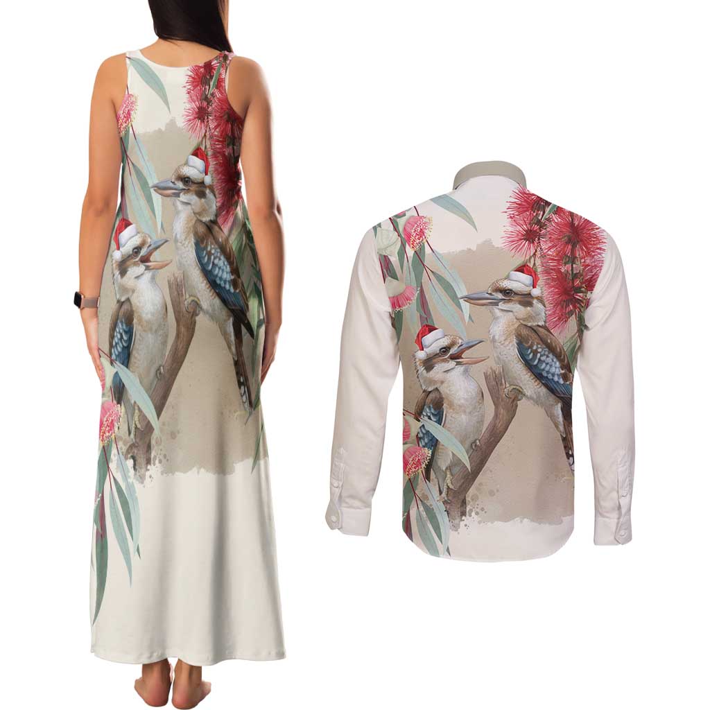 Australia Kookaburra Christmas Couples Matching Tank Maxi Dress and Long Sleeve Button Shirt Bottlebrush Eucalyptus Blossoms Watercolor - Aussie Hoodie