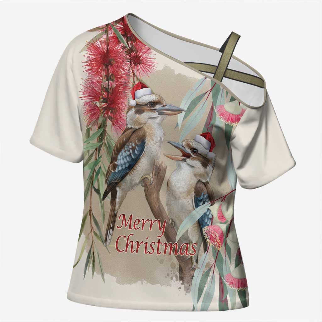 Australia Kookaburra Christmas Cross Shoulder Shirt Bottlebrush Eucalyptus Blossoms Watercolor - Aussie Hoodie
