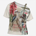 Australia Kookaburra Christmas Cross Shoulder Shirt Bottlebrush Eucalyptus Blossoms Watercolor - Aussie Hoodie