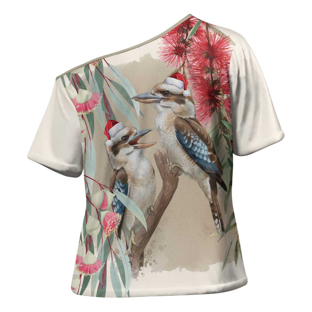 Australia Kookaburra Christmas Cross Shoulder Shirt Bottlebrush Eucalyptus Blossoms Watercolor - Aussie Hoodie
