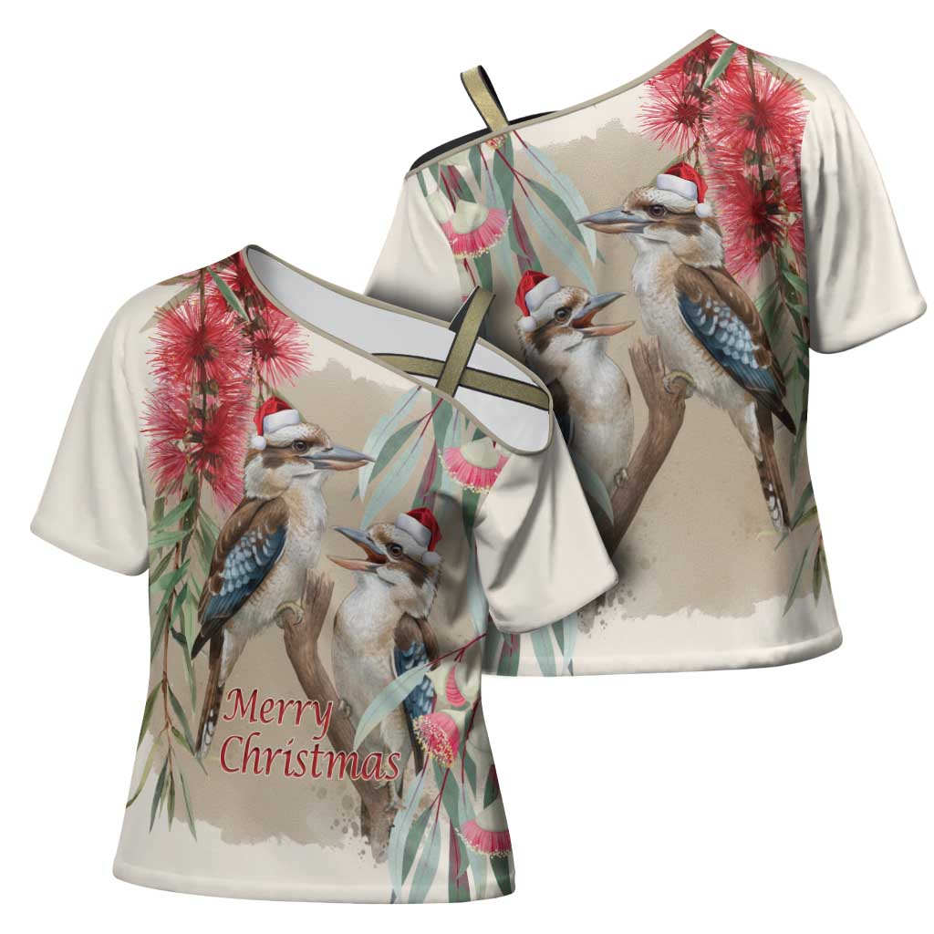 Australia Kookaburra Christmas Cross Shoulder Shirt Bottlebrush Eucalyptus Blossoms Watercolor - Aussie Hoodie