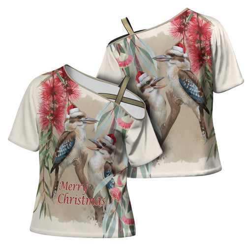 Australia Kookaburra Christmas Cross Shoulder Shirt Bottlebrush Eucalyptus Blossoms Watercolor - Aussie Hoodie