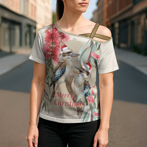 Australia Kookaburra Christmas Cross Shoulder Shirt Bottlebrush Eucalyptus Blossoms Watercolor - Aussie Hoodie