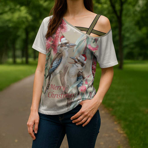 Australia Kookaburra Christmas Cross Shoulder Shirt Bottlebrush Eucalyptus Blossoms Watercolor - Aussie Hoodie