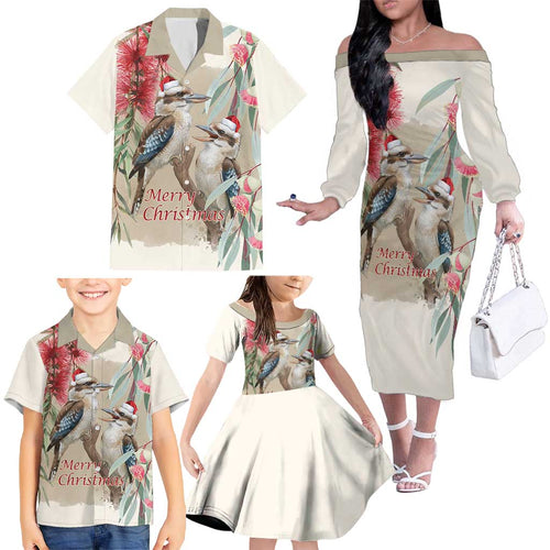 Australia Kookaburra Christmas Family Matching Off The Shoulder Long Sleeve Dress and Hawaiian Shirt Bottlebrush Eucalyptus Blossoms Watercolor - Aussie Hoodie