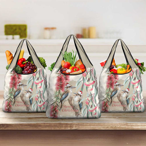 Australia Kookaburra Christmas Grocery Bag Bottlebrush Eucalyptus Blossoms Watercolor - Aussie Hoodie