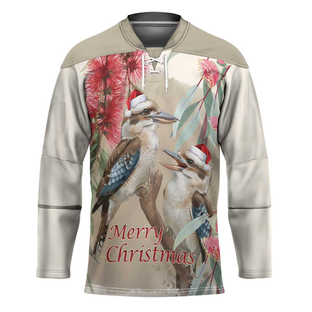 Australia Kookaburra Christmas Hockey Jersey Bottlebrush Eucalyptus Blossoms Watercolor - Aussie Hoodie
