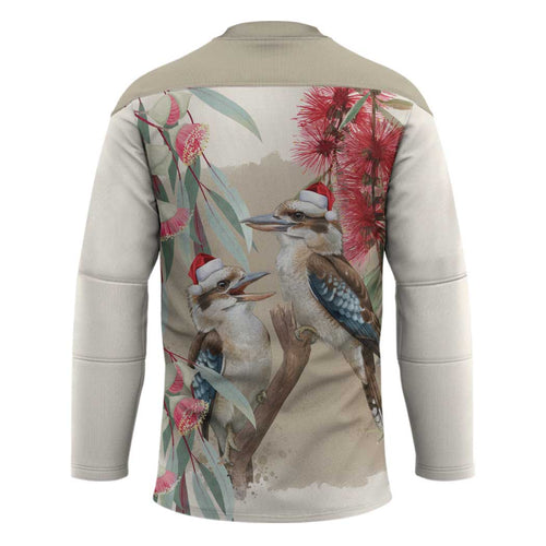 Australia Kookaburra Christmas Hockey Jersey Bottlebrush Eucalyptus Blossoms Watercolor - Aussie Hoodie