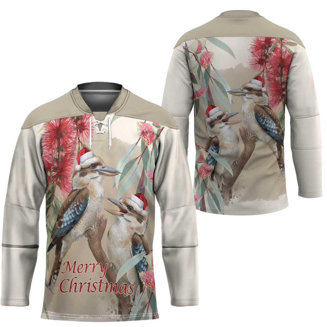 Australia Kookaburra Christmas Hockey Jersey Bottlebrush Eucalyptus Blossoms Watercolor - Aussie Hoodie